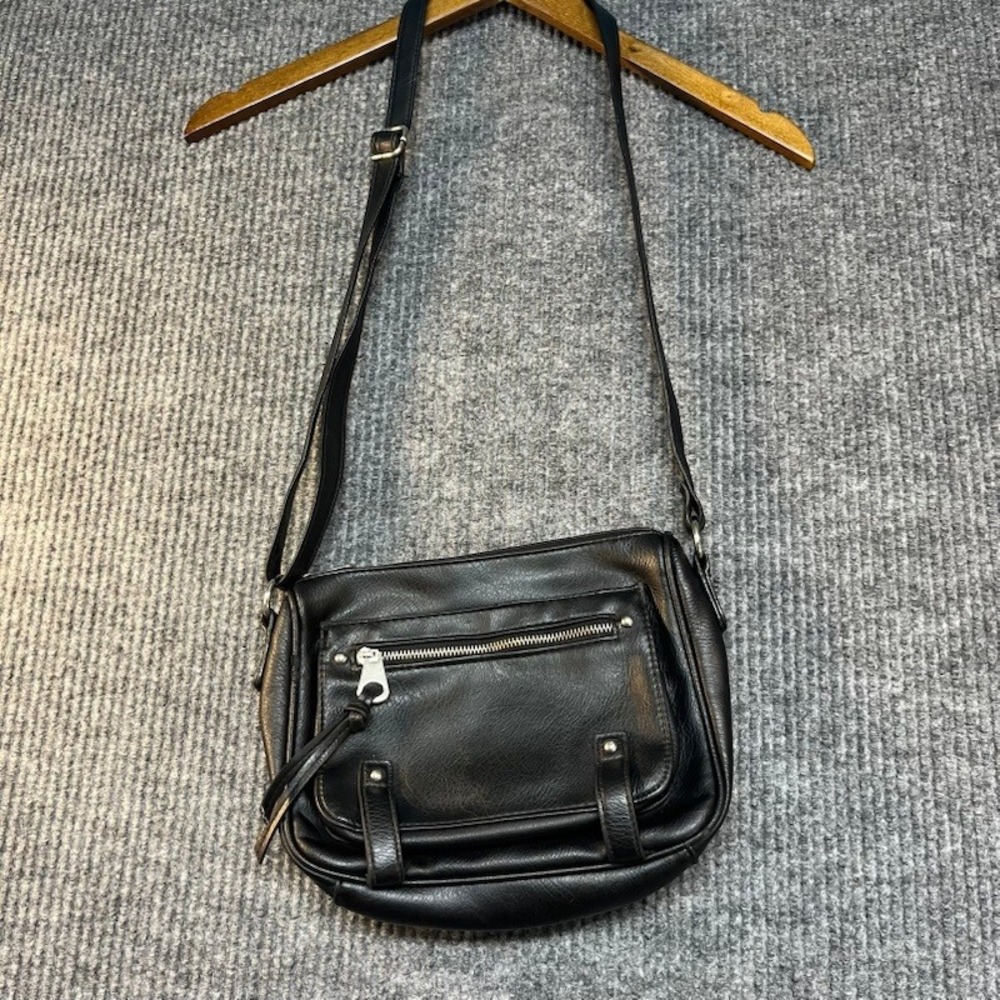 Vintage Black Faux Leather Crossbody Bag Messenger Purse Polka Dot Lining